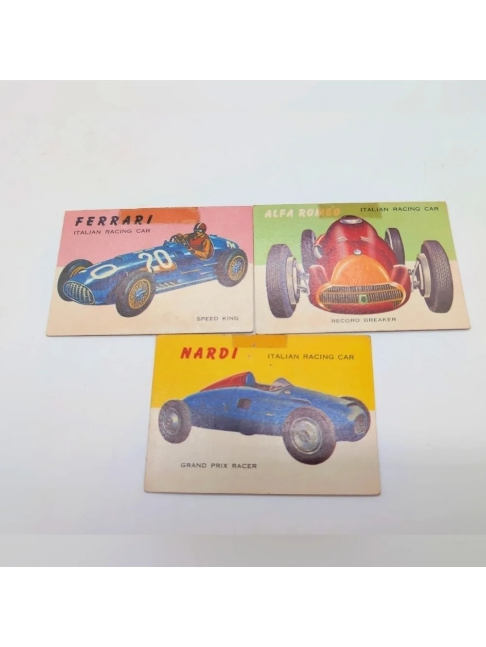 1954 Topps Car Card Set 3 Italian Race Cars Ferrari, Alfa Romeo, Nardi